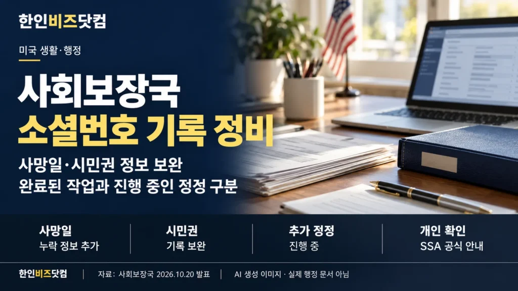 행정 서류와 노트북을 배경으로 사회보장국의 소셜번호 기록 정비와 개인 정보 확인 안내를 담은 한인비즈닷컴 AI 생성 대표 이미지