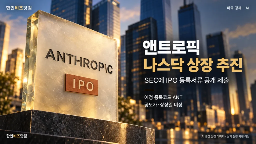 앤트로픽 영문 이름과 IPO 문구가 새겨진 유리 조형물, 나스닥 상장 추진 안내를 담은 한인비즈닷컴 AI 생성 상징 이미지